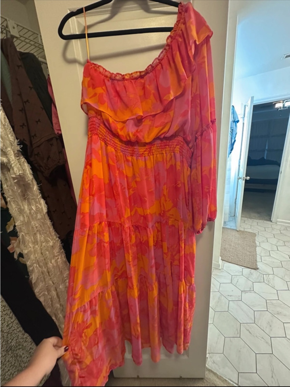 Asymmetric One-Shoulder Pink & Orange Tiered Dress